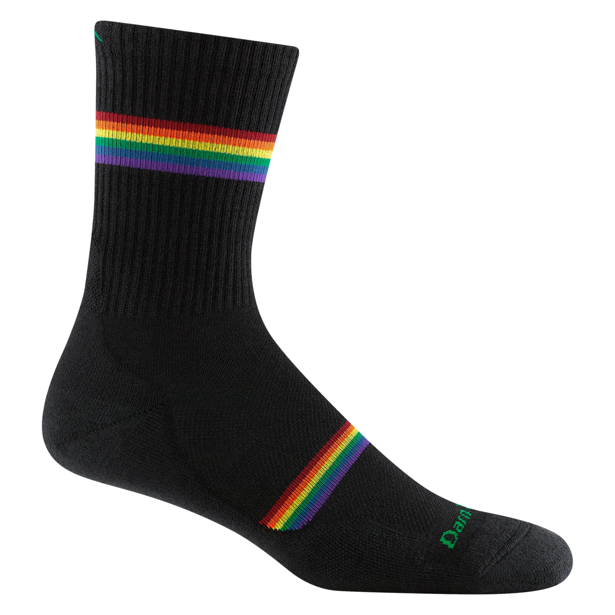 Black sock with rainbow stripes on a white background