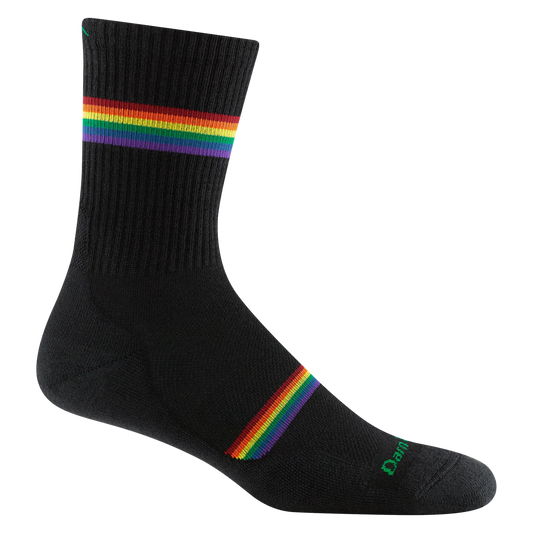 Black sock with rainbow stripes on a white background