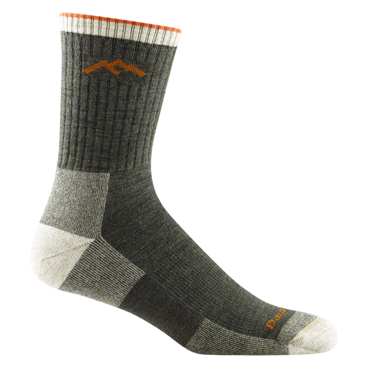 Darn Tough olive-green micro crew hiking sock with an orange mountain motif, cream-and-orange cuff, and cream heel and toe.
