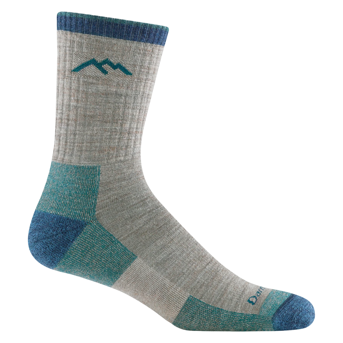 Darn Tough light-gray micro crew hiking sock with a teal mountain motif, teal foot panels, and blue cuff, heel, and toe.
