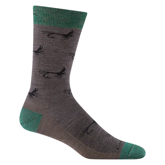 A single crew sock in heather gray with a black lizard pattern and green accents on the cuff, heel, and toe, shown on a plain white background.