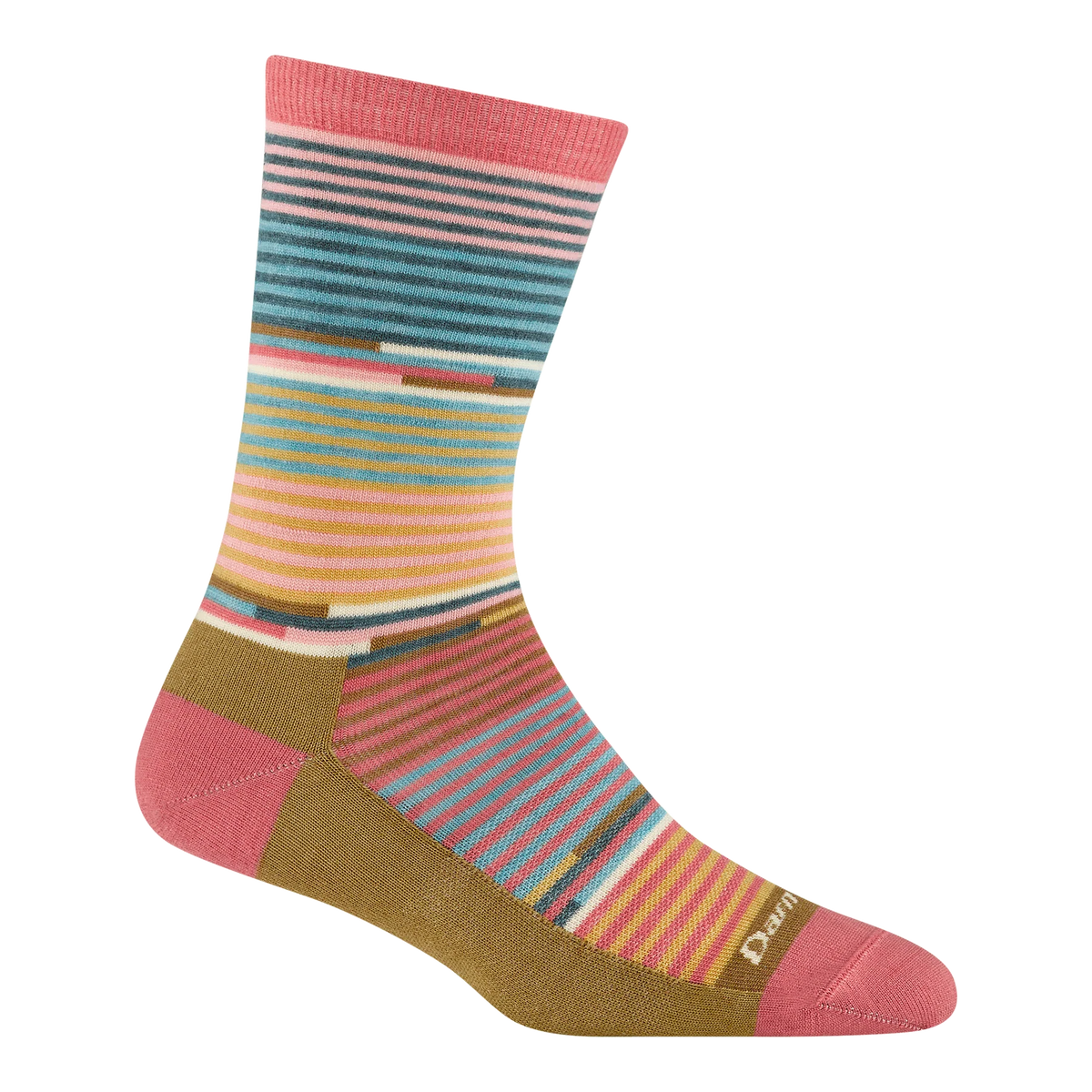 A single crew sock with a multicolor striped pattern in pink, teal, yellow, orange, and olive green, featuring a solid pink cuff, heel, and toe, with the Darn Tough logo on the toe.