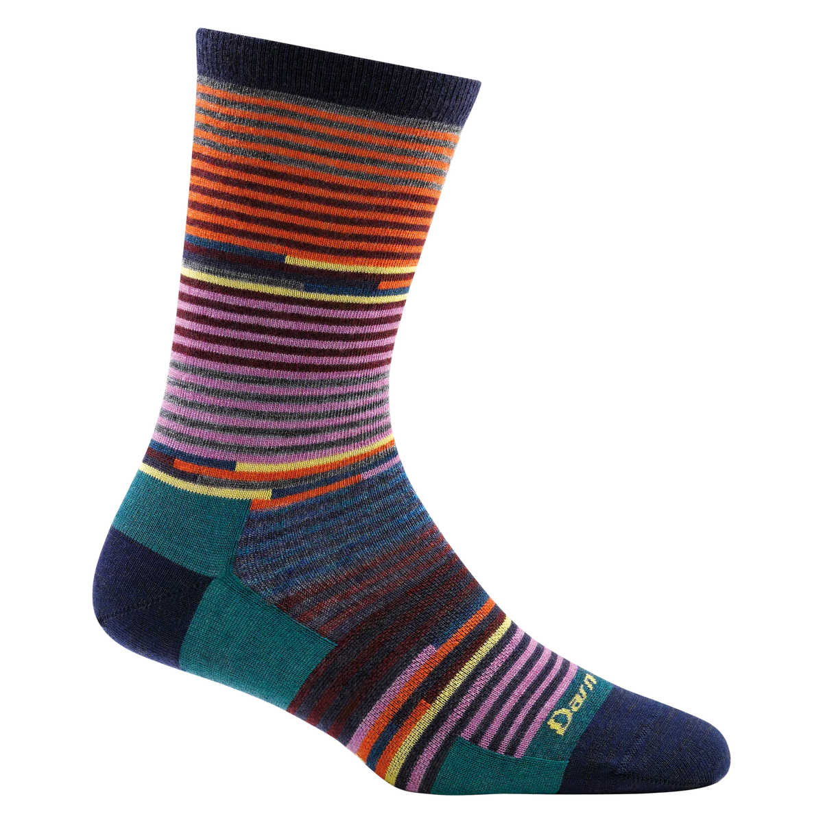 A lightweight, striped sock with a crew cut design, featuring a variety of colors and a visible brand logo on the heel.