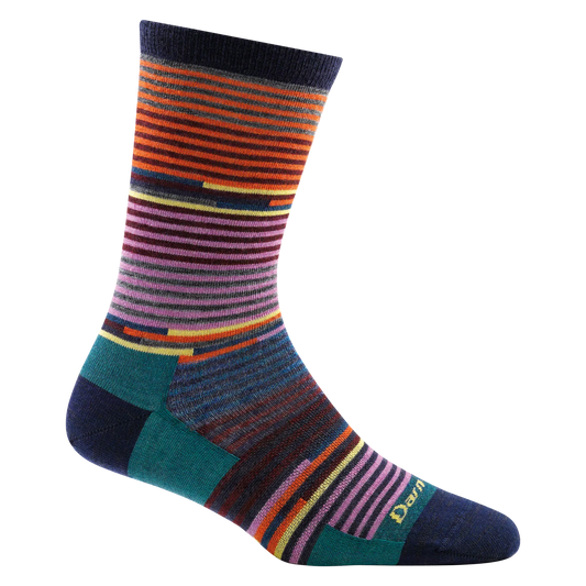 A lightweight, striped sock with a crew cut design, featuring a variety of colors and a visible brand logo on the heel.