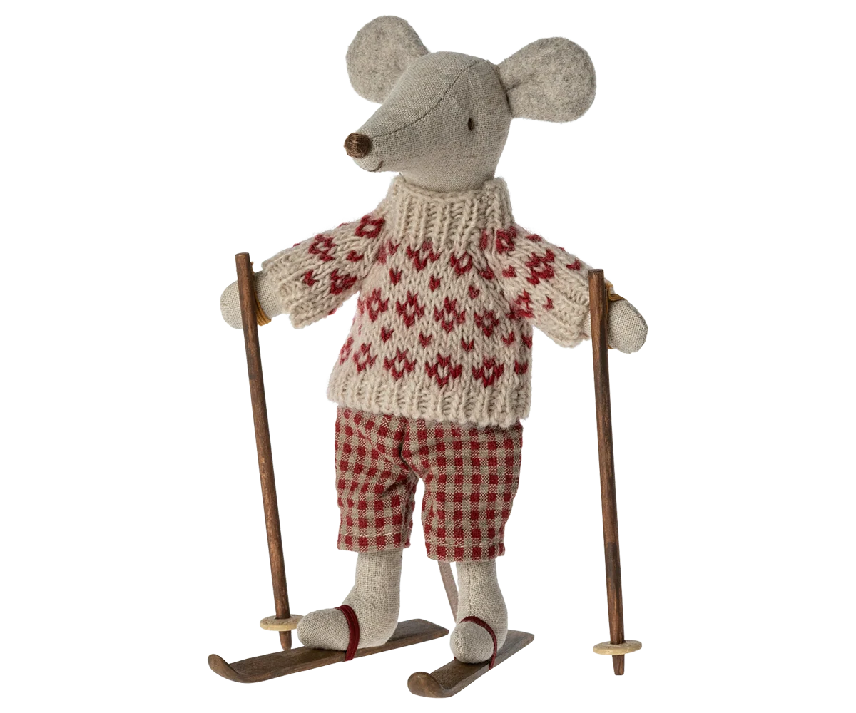 Maileg Winter Mouse Ski Mum — full front view of linen mouse doll in cream and red Fair Isle knit sweater, red gingham pants, white boots, and wooden skis with poles

