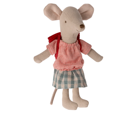 Maileg Tricycle Mouse Big Sister in Red — cotton mouse doll wearing a pink gingham blouse, blue plaid skirt, and a small red backpack, shown on a white background
