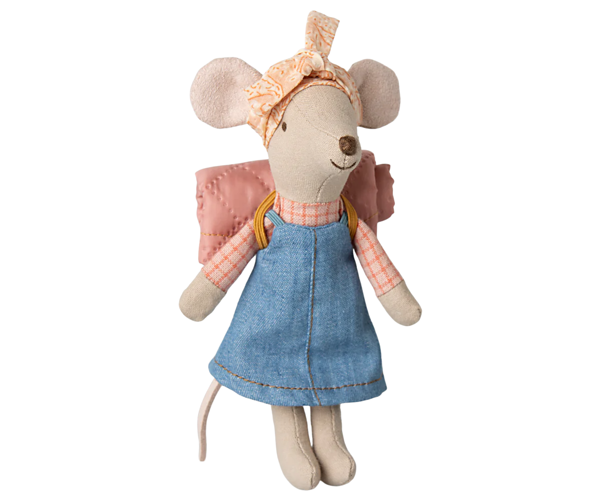 Maileg Big Sister Hiker Mouse — cotton mouse doll wearing a pink plaid shirt, denim pinafore dress, peach bandana headband, and a rolled pink sleeping bag on her back
