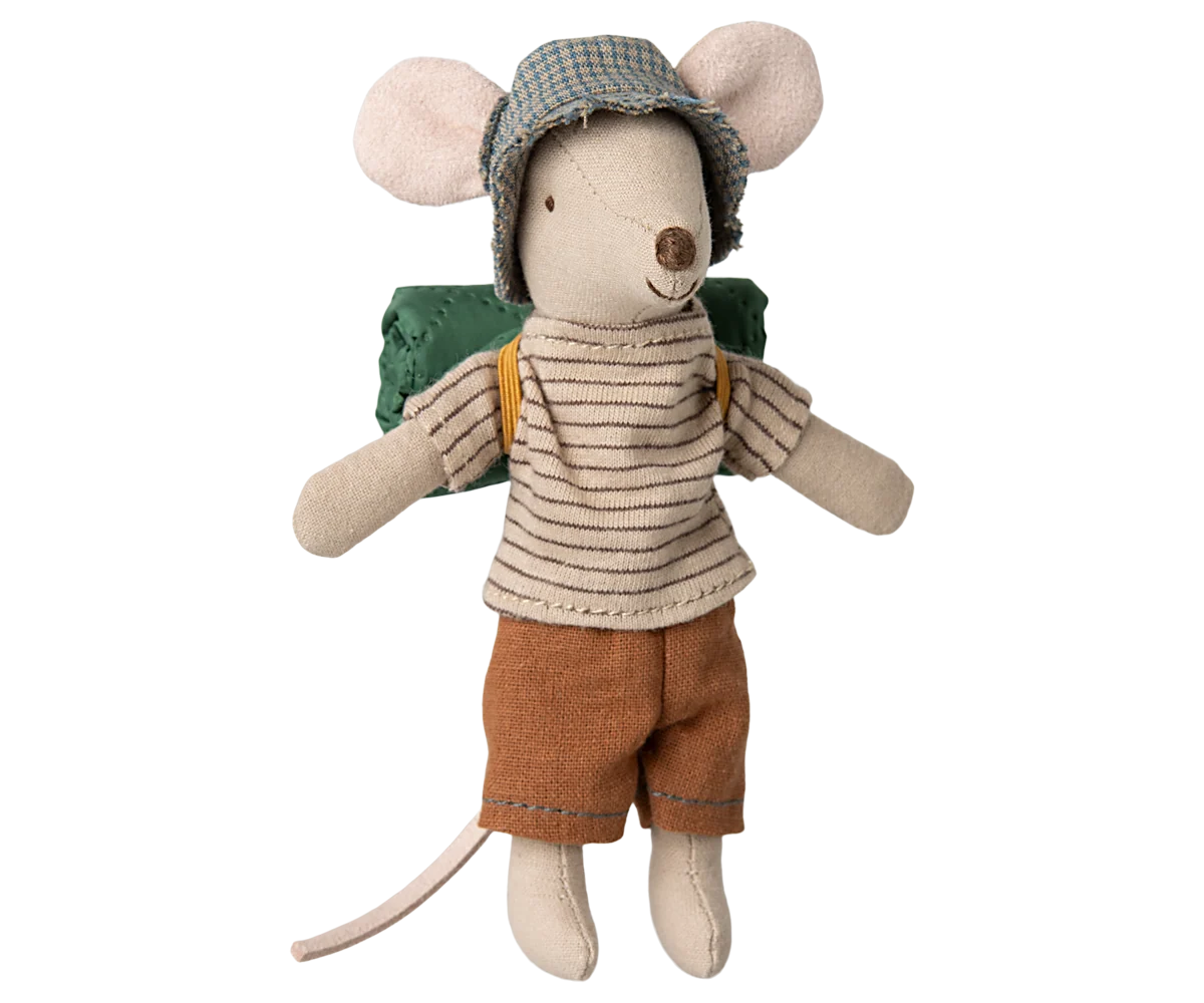 Maileg Big Brother Hiker Mouse — cotton mouse doll wearing a striped knit top, rust-orange shorts, grey tweed bucket hat, and a rolled green sleeping bag on his back
