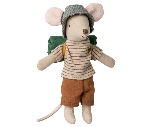 Maileg Big Brother Hiker Mouse — cotton mouse doll wearing a striped knit top, rust-orange shorts, grey tweed bucket hat, and a rolled green sleeping bag on his back
