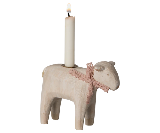 Maileg | Wooden Candle Holder with Candle - Lamb, Rose