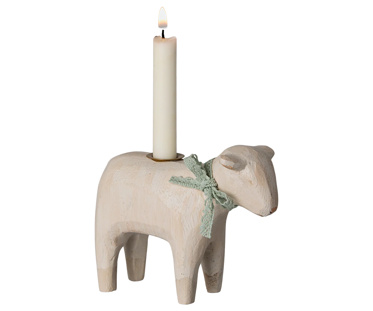 Maileg | Wooden Candle Holder and Candle - Lamb, Mint