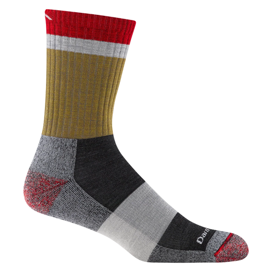 Multicolored sock with red, yellow, gray, and black stripes on a white background