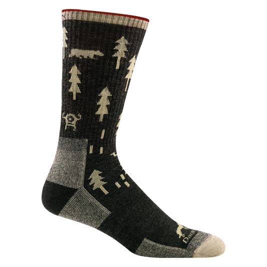 Black sock with nature-themed pattern on a white background