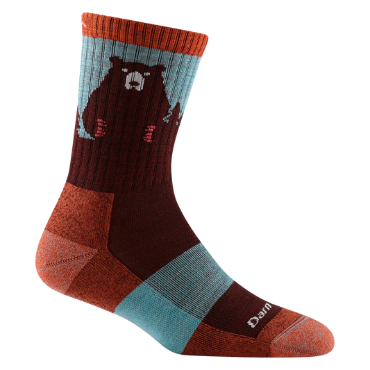 Darn Tough burgundy micro crew sock with a bear design, light blue panels, and rust-orange cuff, heel, and toe.
