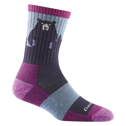 Darn Tough purple micro crew sock with a bear and mountain design, light blue panels, and magenta cuff, heel, and toe.
