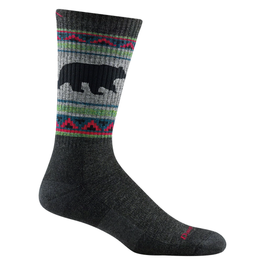 Gray sock with a bear design and colorful pattern on a white background