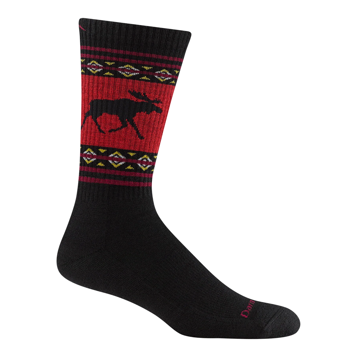 Darn Tough black boot-height hiking sock with a black moose on a red leg panel and yellow-and-white patterned bands.

