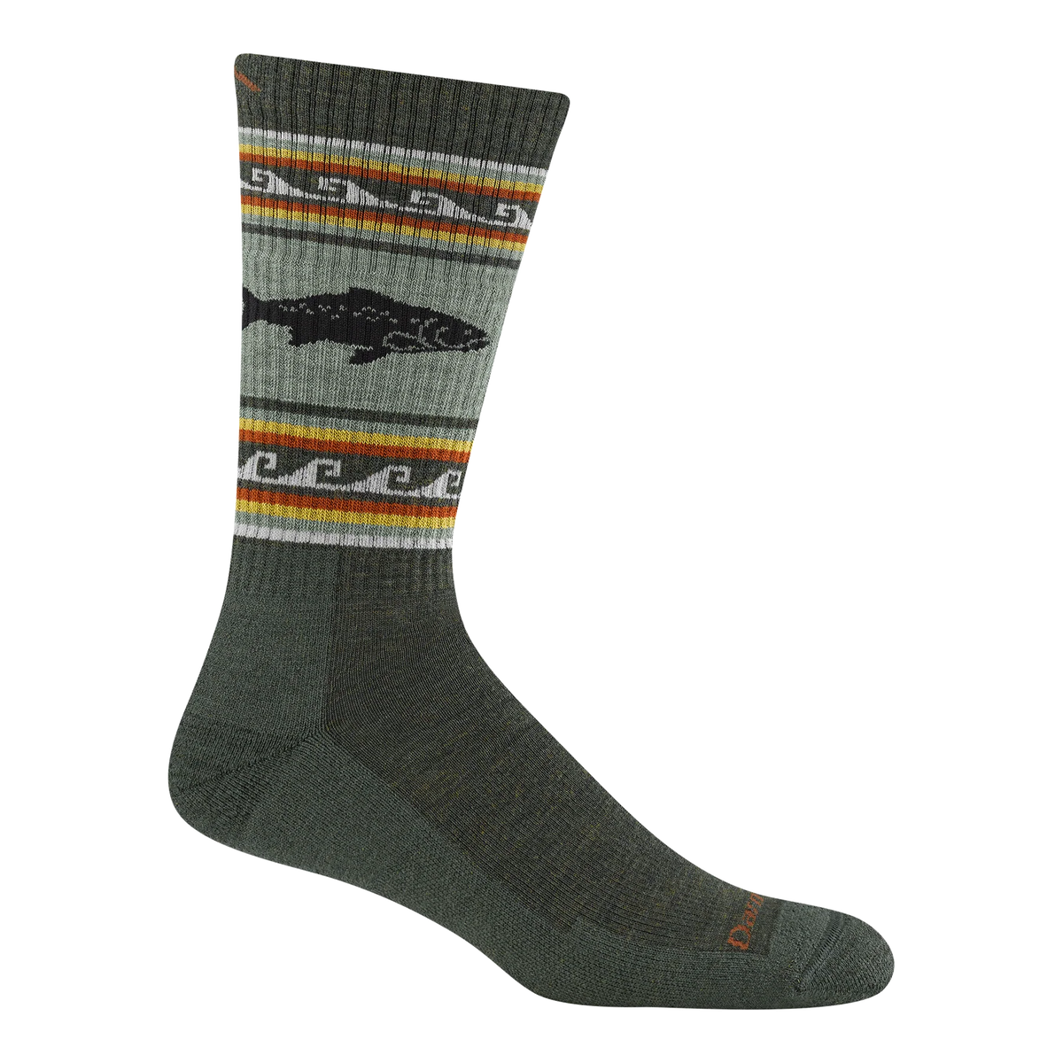 Darn Tough olive-green boot-height sock with a black trout motif and orange, yellow, and gray stripes around the leg.
