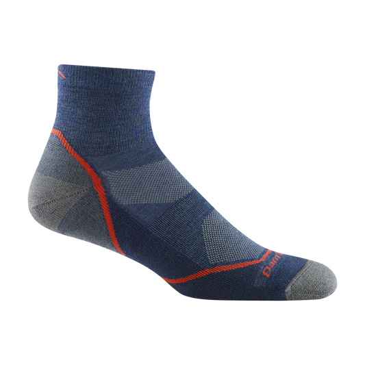 Darn Tough denim-blue quarter-height hiking sock with gray heel and toe panels and orange accent lines, shown from the side.
