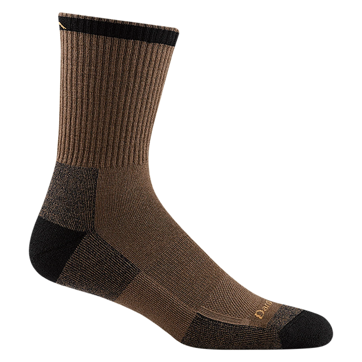 Darn Tough timber-brown micro crew work sock with a ribbed leg, dark foot panels, and black cuff, heel, and toe.
