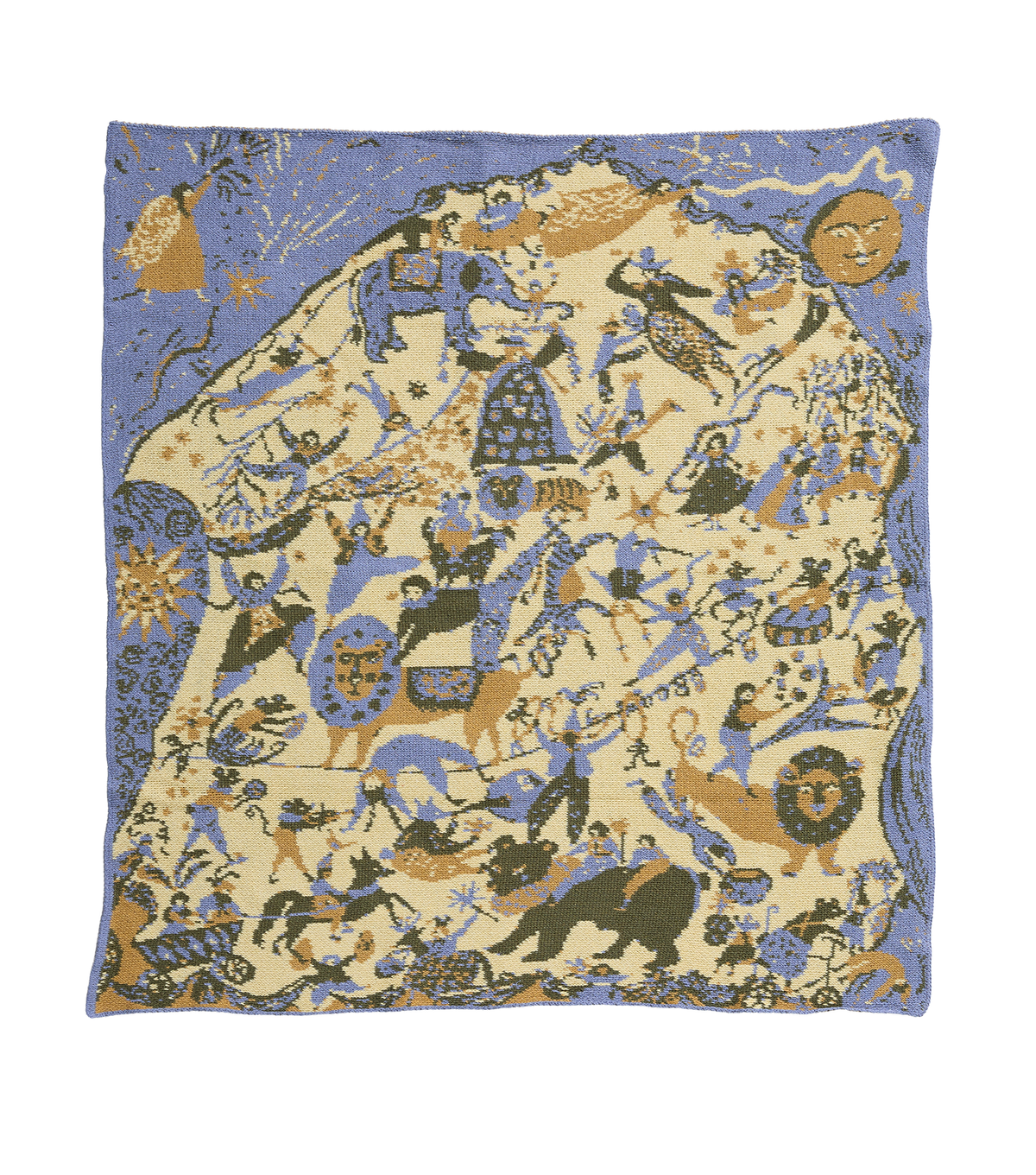 French Cirque Sky Blue child blanket laid flat, showing circus performers, lions, and a bear with a blue border.

