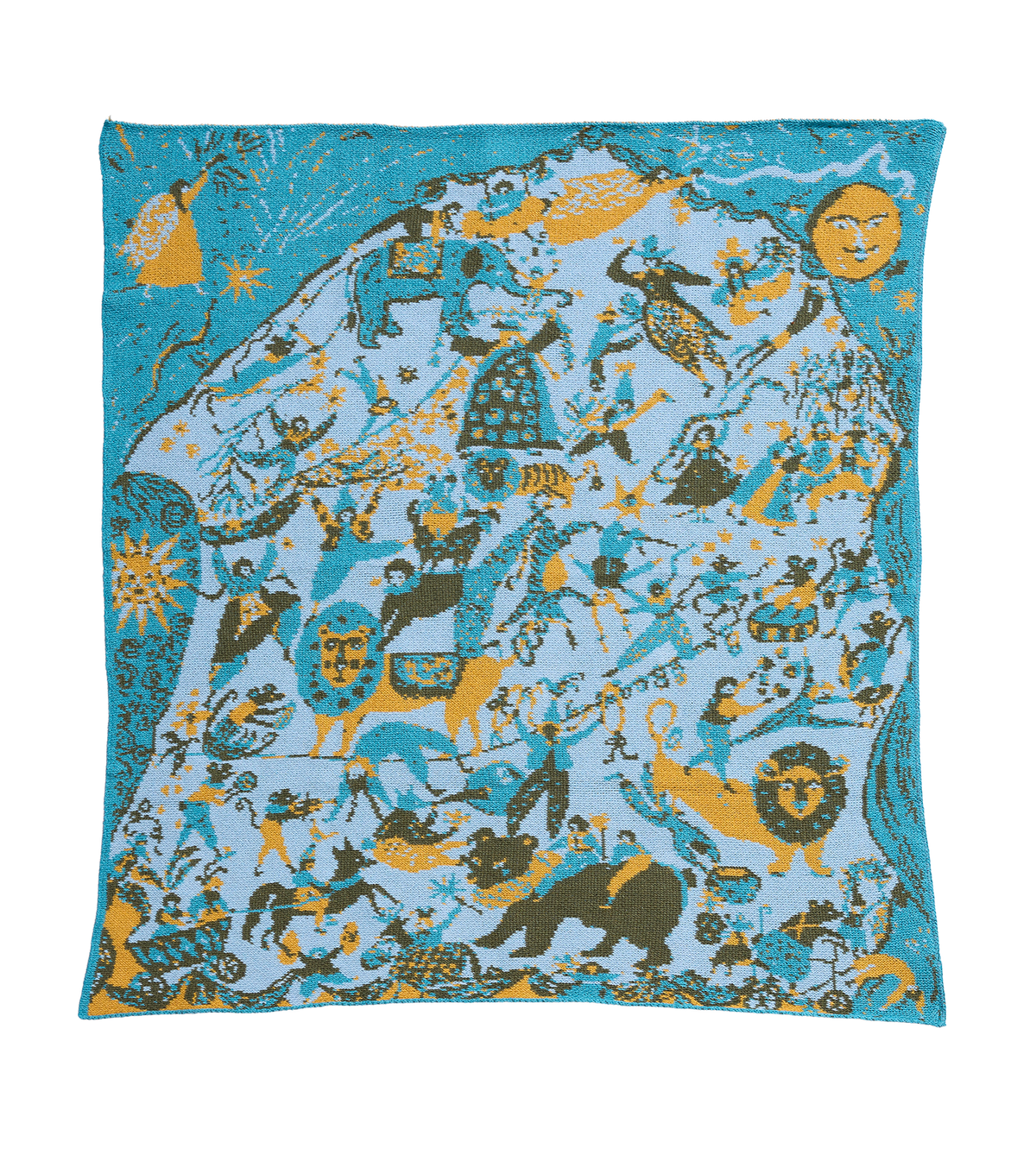 French Cirque Aqua child blanket laid flat, with circus performers, lions, and a bear in aqua, pale blue, and yellow.
