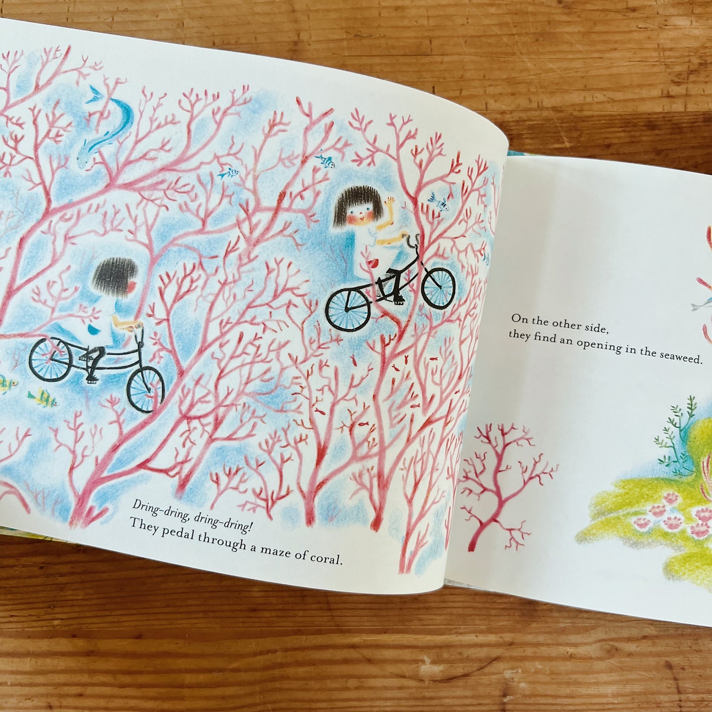 Close-up of pages of the open book showing illustrations of two girls cycling through a sea of coral