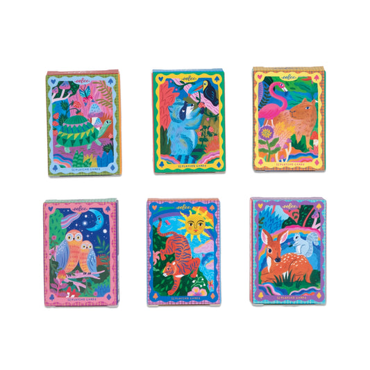 Six colorful illustrated cards arranged in two rows on a plain white background. Each card features a different whimsical animal scene with bright, saturated colors and decorative borders.