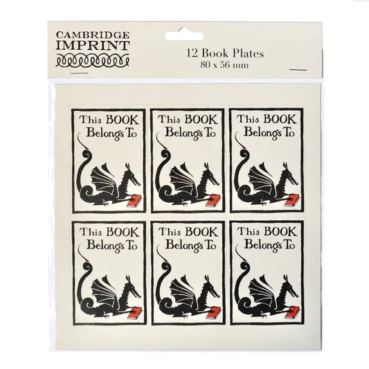 Cambridge Imprint 12 Book Plates set in clear plastic packaging, featuring a black dragon illustration and the text 'This BOOK Belongs To' on a cream background.