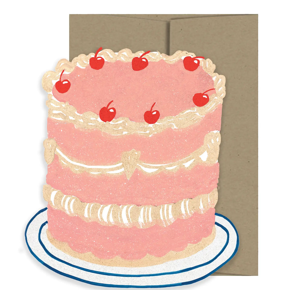 Isatopia Party Cake Die Cut Card, pink cake with cream piped frosting and red cherries on a white plate with blue trim, shown against a kraft envelope.
