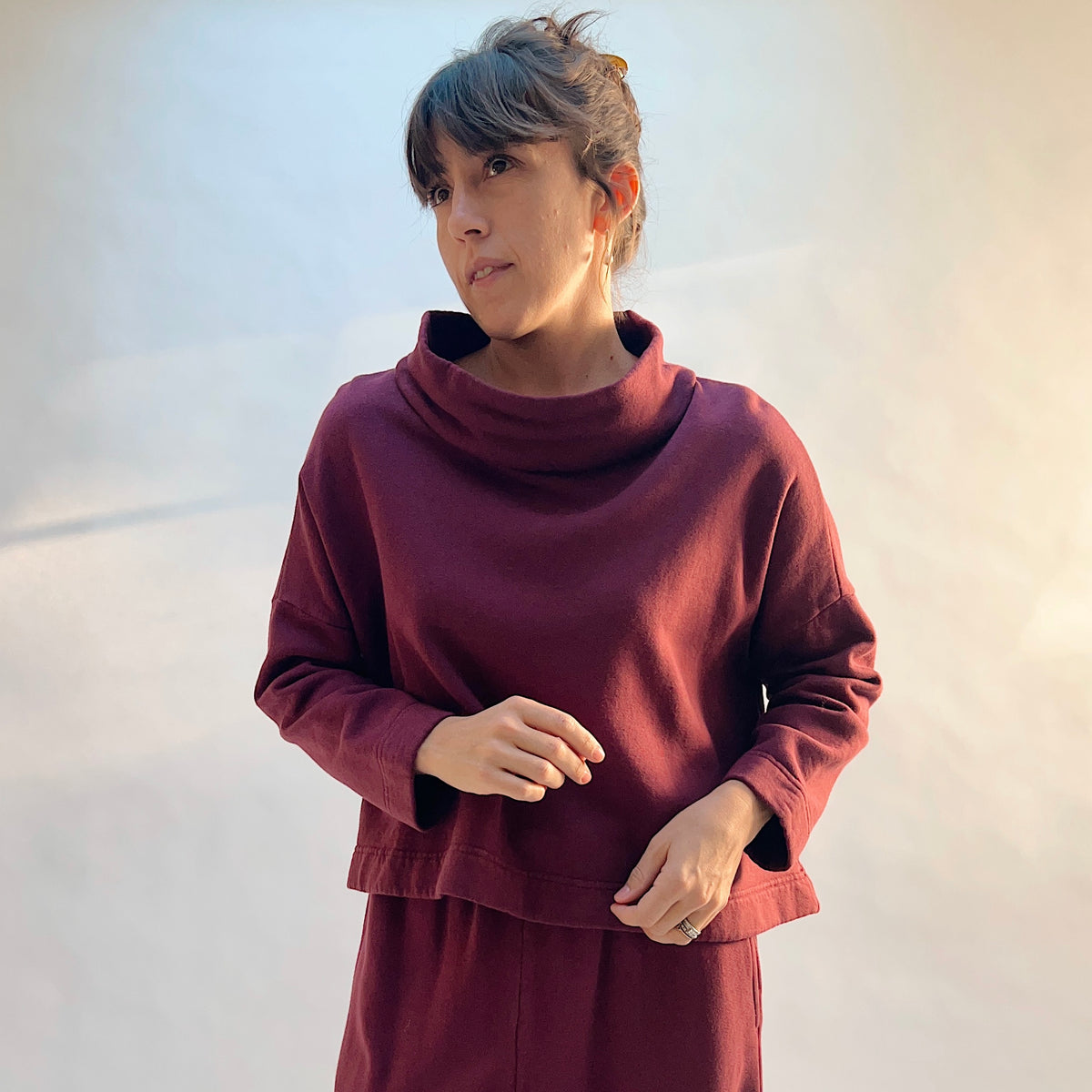 Front view of Bryn Walker Cropped Fleece Stowe Sweatshirt in Rhone on a model, showing the wide mock neck and cropped hem.
