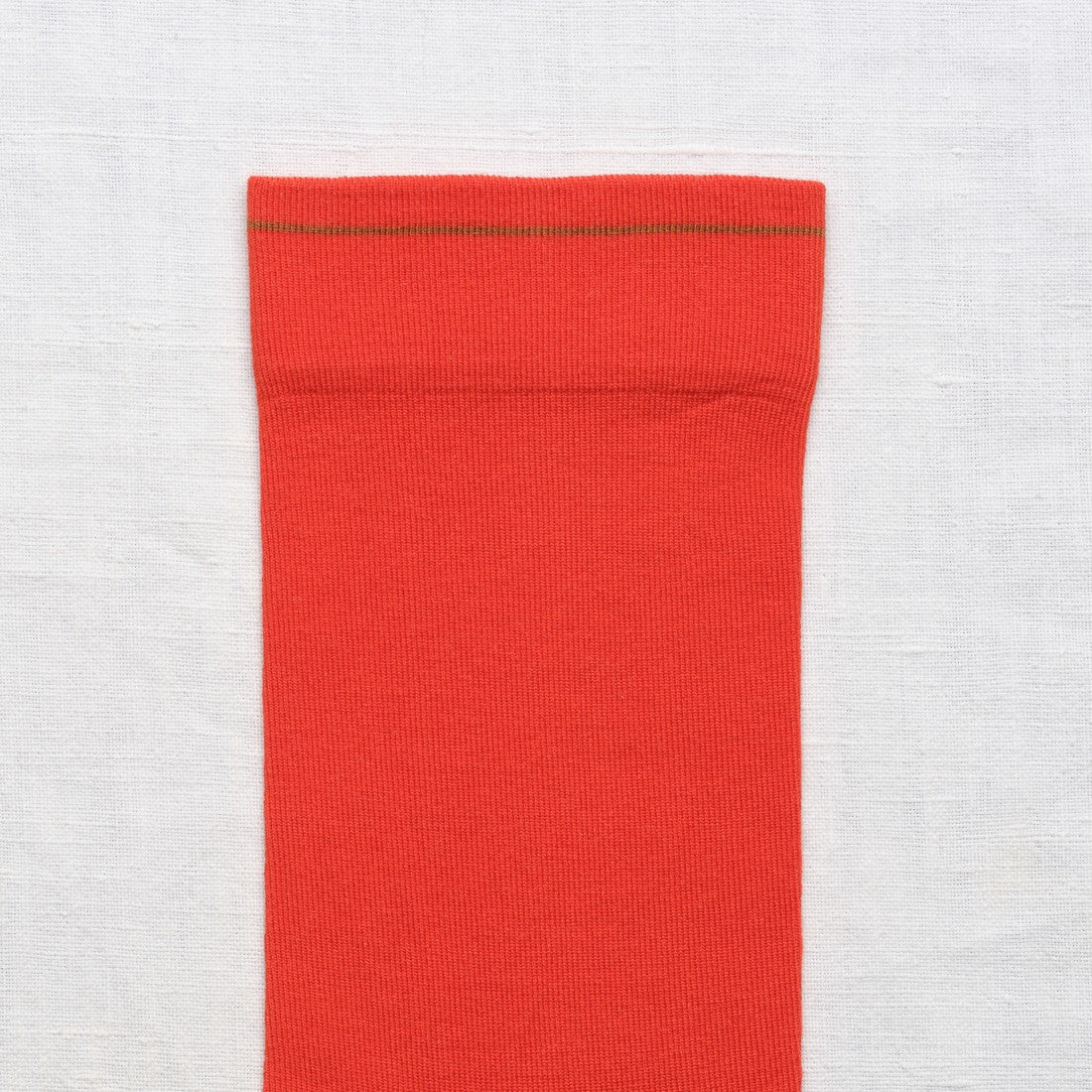 Bonne Maison Solid Vermillion Socks, close-up of the cuff showing the solid vermillion body with thin olive stripe at the top
