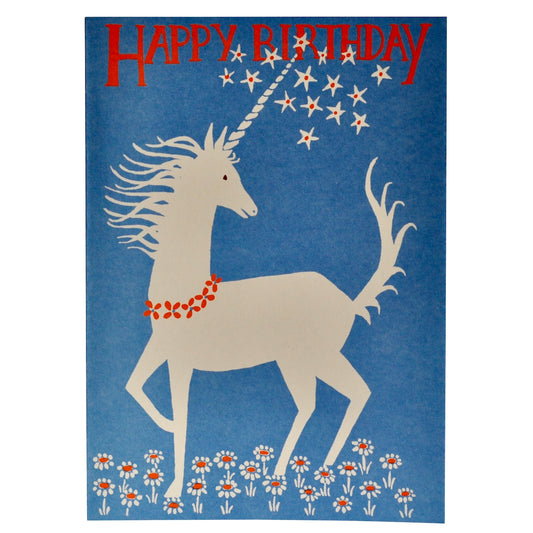 Unicorn on a blue background with 'Happy Birthday' text