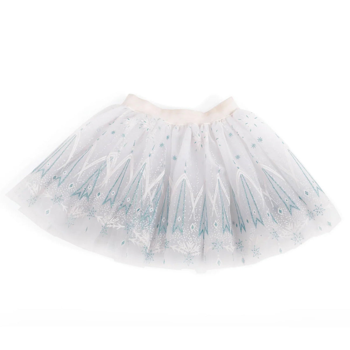 Great Pretenders Winter Wonderland Tutu, a white layered tulle tutu with an icy blue crystal and snowflake print and scattered iridescent sequins, with a white felt waistband, on a white background
