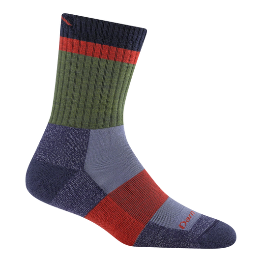 Multicolored sock with red, green, blue, and purple stripes on a white background