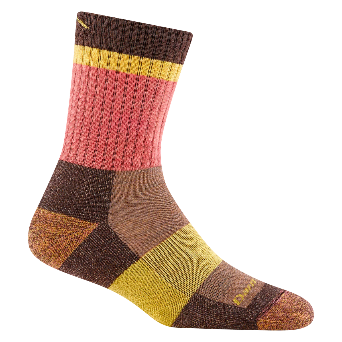 Darn Tough micro crew sock with a coral ribbed leg, brown cuff and foot panels, yellow bands, and rust-colored heel and toe.
