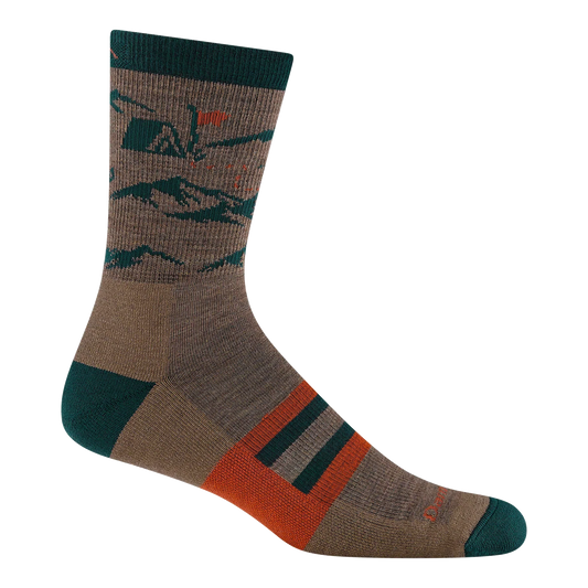 A single crew sock with a brown and dark green mountain pattern, featuring orange and dark green accents on the heel, toe, and sole.