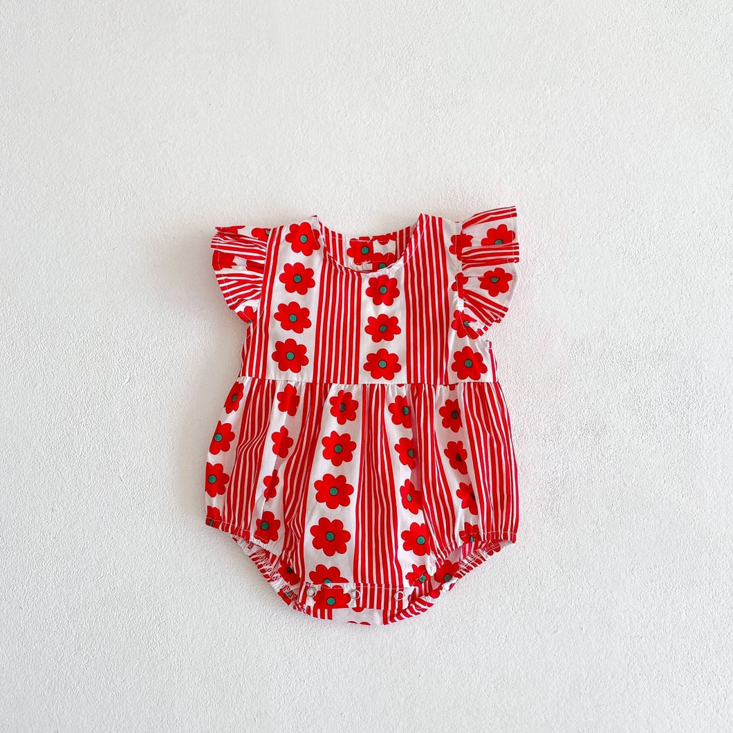 Flowers and Stripes Pattern Fly Sleeve Onesie in Red