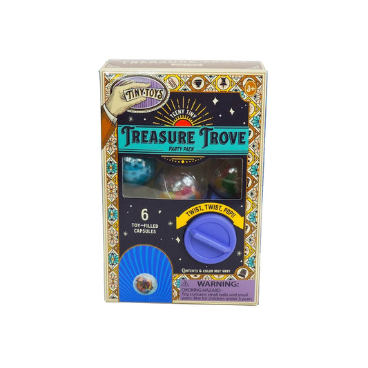 Teeny Tiny Treasure Trove Party Pack box showing 6 toy-filled capsules visible through a window, a purple twist knob, and a choking hazard warning for ages 3 and up, on a white background