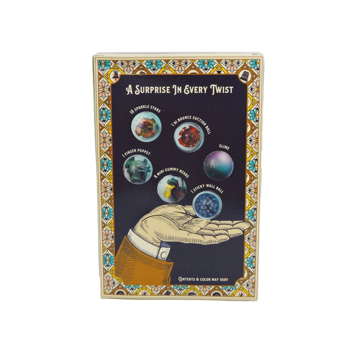 Back of the Teeny Tiny Treasure Trove box showing five labeled capsule toys in an illustrated hand: sparkle stars, hi-bounce suction ball, finger puppet, mini gummy bears, and sticky wall ball