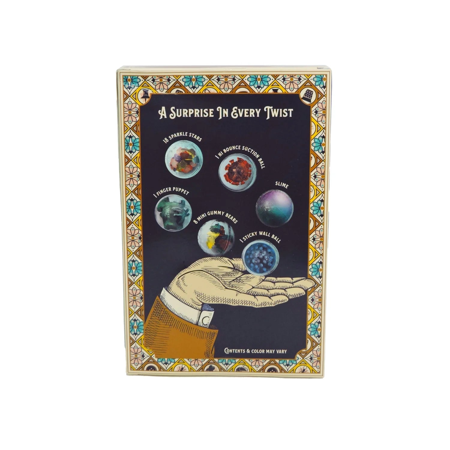 Back of the Teeny Tiny Treasure Trove box showing five labeled capsule toys in an illustrated hand: sparkle stars, hi-bounce suction ball, finger puppet, mini gummy bears, and sticky wall ball