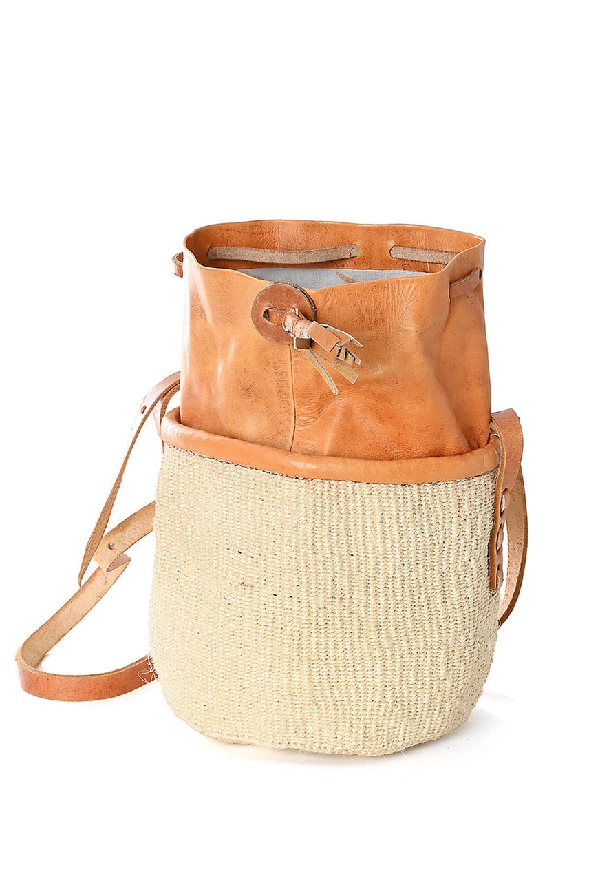 Small Leather Cinch Top White Sisal Purse