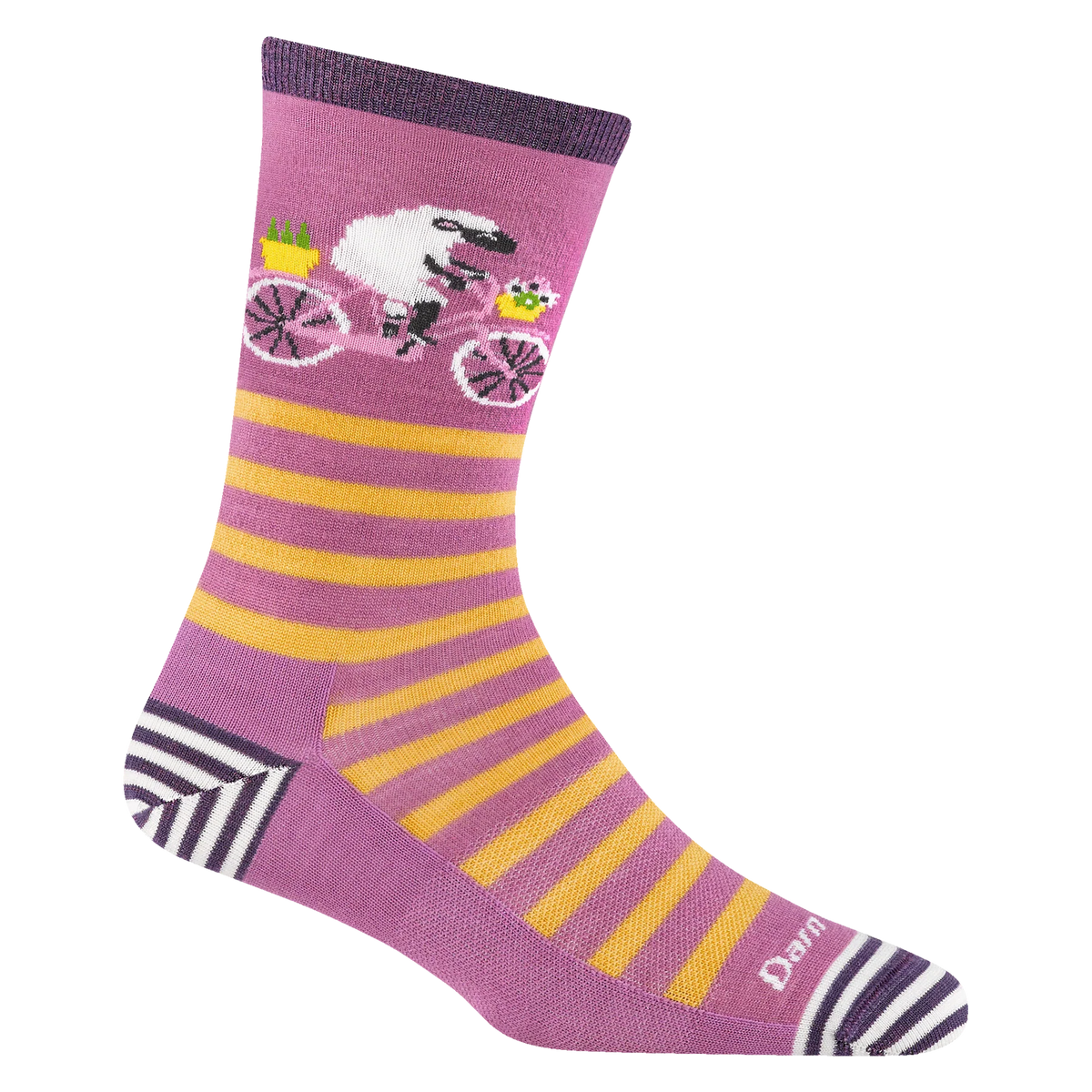 Purple sock with yellow stripes and a cartoon character on a white background