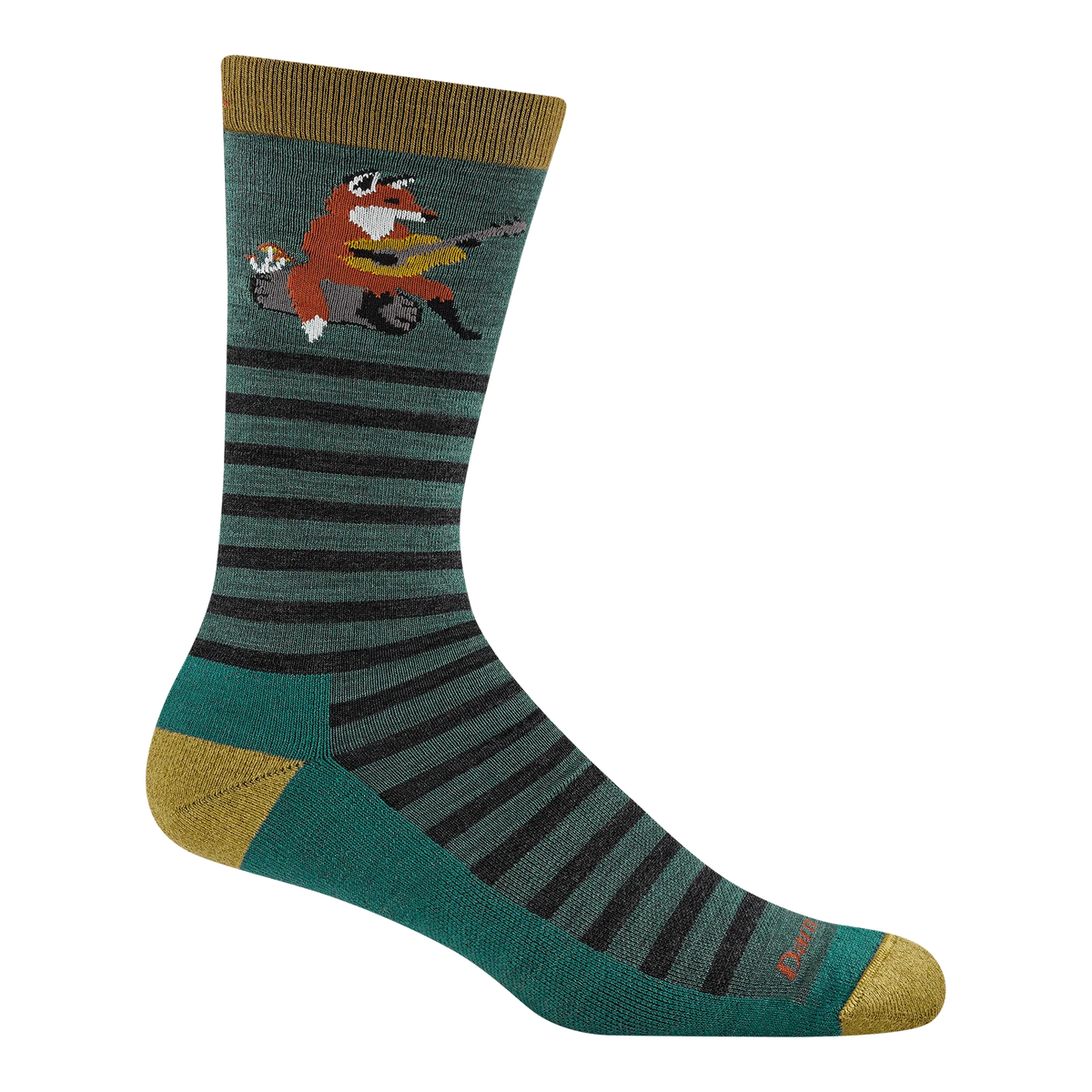 A single crew sock with a dark green and black striped pattern, featuring a cartoon fox playing an acoustic guitar near the cuff. The sock has a solid dark green heel and toe with mustard yellow accents.