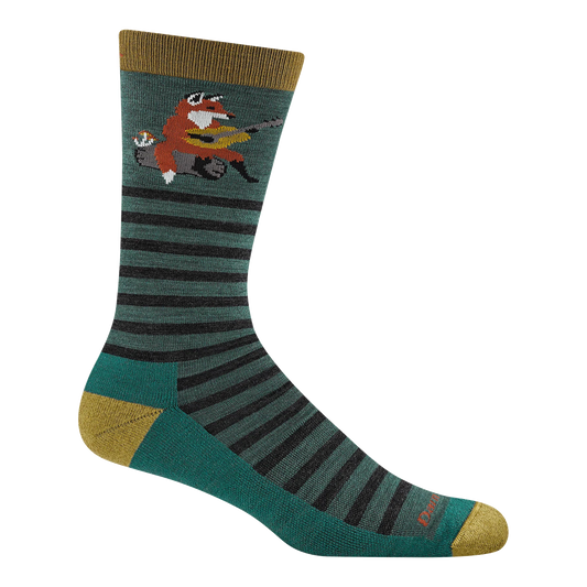 A single crew sock with a dark green and black striped pattern, featuring a cartoon fox playing an acoustic guitar near the cuff. The sock has a solid dark green heel and toe with mustard yellow accents.