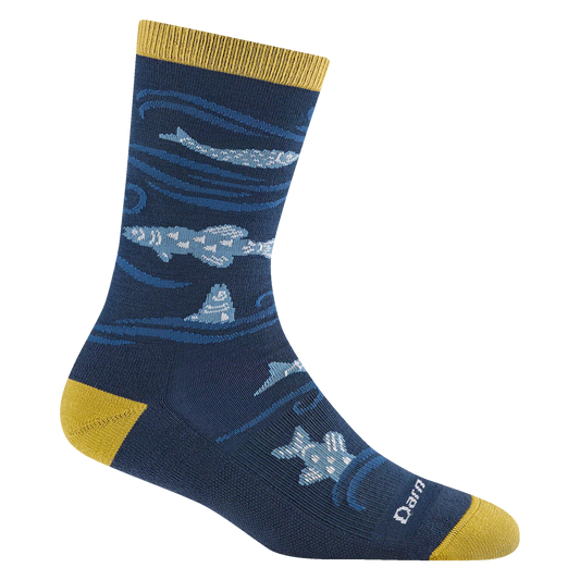 Navy sock with whale pattern and yellow accents on a white background