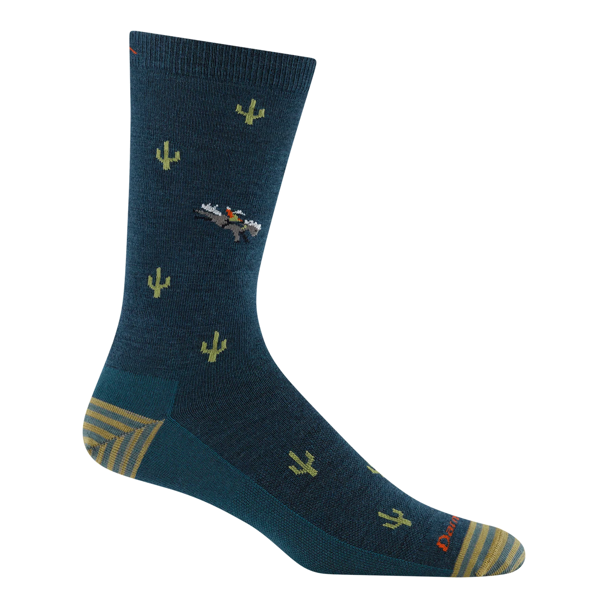Darn Tough dark teal crew sock with green cacti, a cowboy riding a bucking horse, and striped heel and toe panels.
