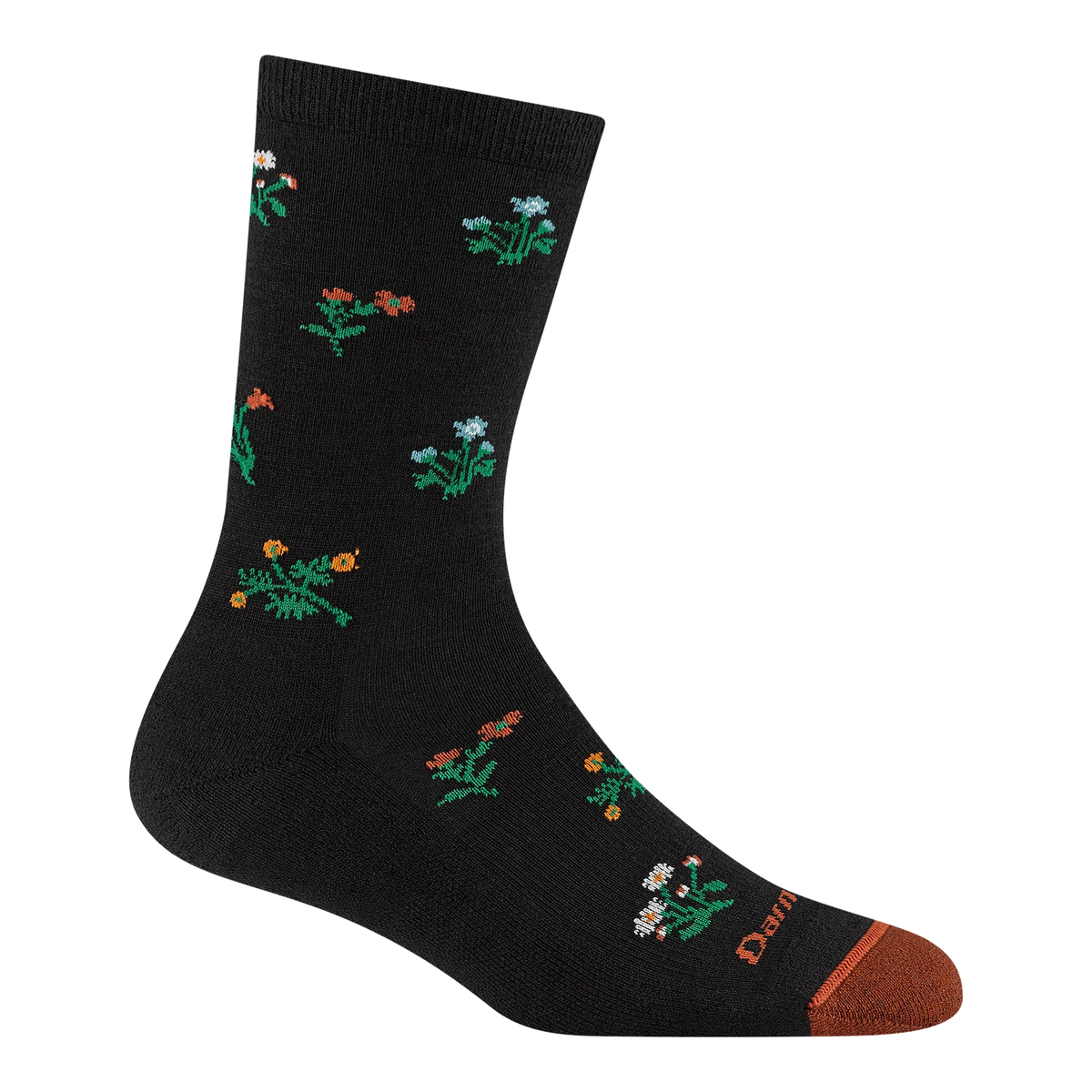 Darn Tough black crew sock with small multicolored wildflowers, green stems and leaves, and a rust-orange toe.
