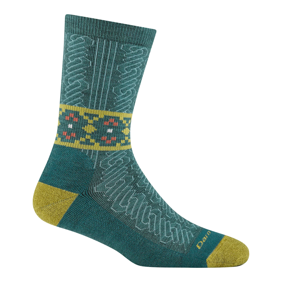 A single crew sock by Darn Tough in teal with a yellow and red geometric pattern band, yellow heel and toe sections, and a yellow logo on the toe, shown on a plain white background.
