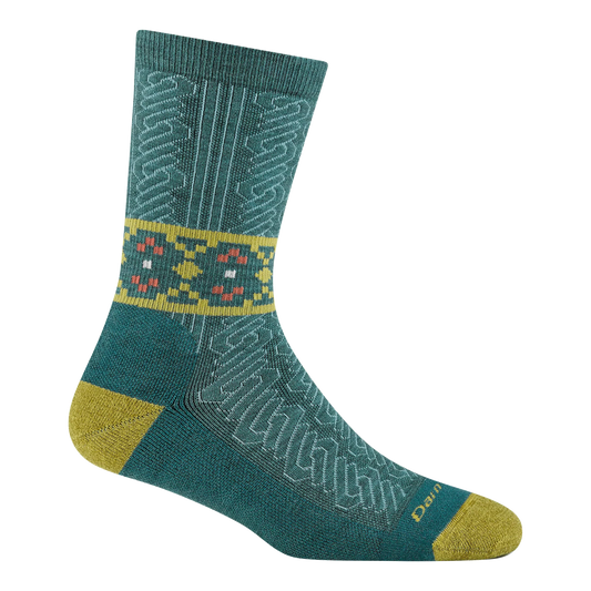 A single crew sock by Darn Tough in teal with a yellow and red geometric pattern band, yellow heel and toe sections, and a yellow logo on the toe, shown on a plain white background.